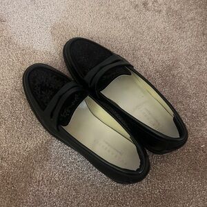 Duke + Dexter black embroidered penny loafers